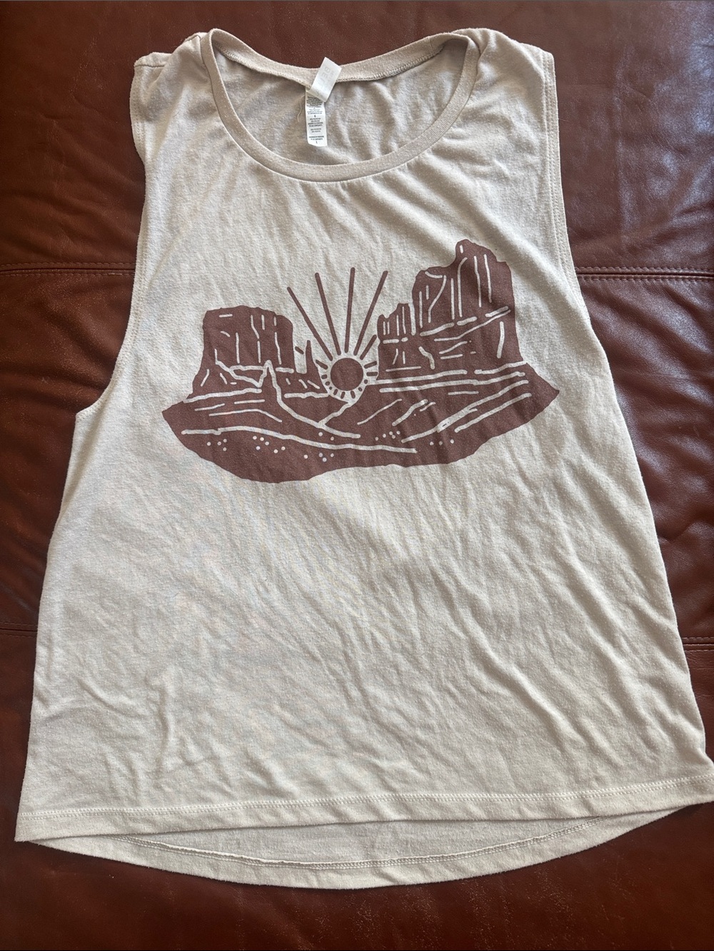 Graphic Desert Sunrise Tank Top in Beige with Brown Print